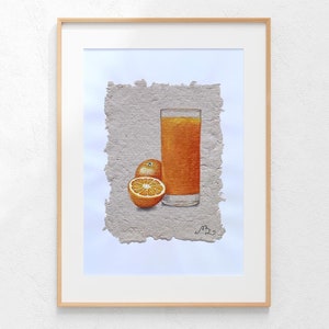 Orange Juice with Oranges Acrylic Painting, Original Painting Handmade Paper, Wall Art Painting, Home Decoration, Restaurant Art, Unframed