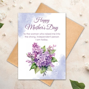 Tarjeta especial para el Día de la Madre, tarjeta de felicitación imprimible digitalmente, plantilla de sobre gratis, feliz día de la madre, flores lilas para mamá