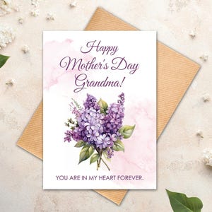 Cartão floral lilás para avó, cartão de feliz dia das mães para avó, cartão de felicitações digital para impressão, modelo de envelope grátis, para a melhor avó