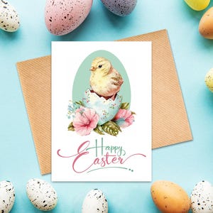 Carte numérique de Pâques poulet, carte imprimable Joyeuses Pâques, modèle d'enveloppe gratuit, carte de voeux instantanée, poulet dans l'oeuf, texte manuscrit