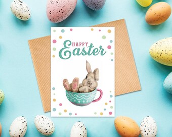 Bunny in Cup Easter Card, Happy Easter Digital Card, free Envelope Template, Printable Easter Card, Easter Bunny