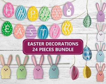 Decorazioni pasquali per la casa, decorazioni per feste pasquali, prodotti digitali stampabili, bandierine di Pasqua, ghirlande di coniglietti pasquali, uova di Pasqua