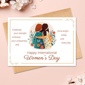 Carte pour célébrer la Journée internationale de la femme, carte imprimable numérique, texte inspirant pour les femmes, modèle d'enveloppe gratuit, amitié féminine