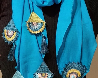 Chiffon Scarf Shawl with Evil eye lace edges and tassel, Christmas Gift for Mothers