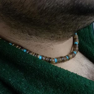 Mens Summer Jewelry Surfer necklace, Mens  Wood-Turquoise beaded necklace, Father&#39;s Day gift, Beach Necklace for Men, Sustainable gift