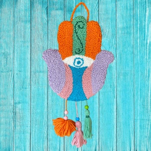 Hamsa Punch needle Wall Hanging, Hand Tufted Boho Wall Art, Abstract Punch Needle Decor, Hand Embroidered Wall Art, Nursery Wall Hanging