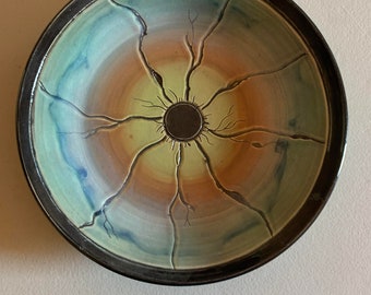 Stoneware flower plate. Etched platter in blue, yellow, orange. Great seasonal dish. An engraved detailed clay salver.