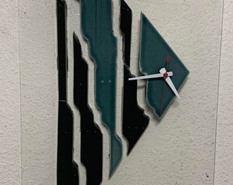Mosaic ceramic clock, black green two-tone clock, enlarged wall time piece, cut and designed ceramic art piece, hanging clock. A Rell clock.