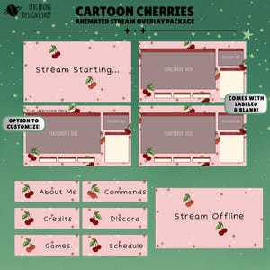 以下が含まれることがあります： Cartoon Cherriesというタイトルのデジタルストリームオーバーレイパッケージ。ピンクの背景に赤いサクランボのイラストと白い星が描かれています。Stream Starting、Stream Offlineの画面、長方形のパネル、テキストラベルが含まれています。