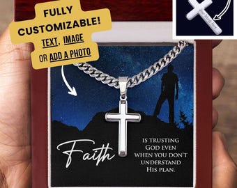 Mens Sterling Silver Cross Necklace with Cuban link Chain and Meaningful Keepsake Card - Ready To Give Gift In Box