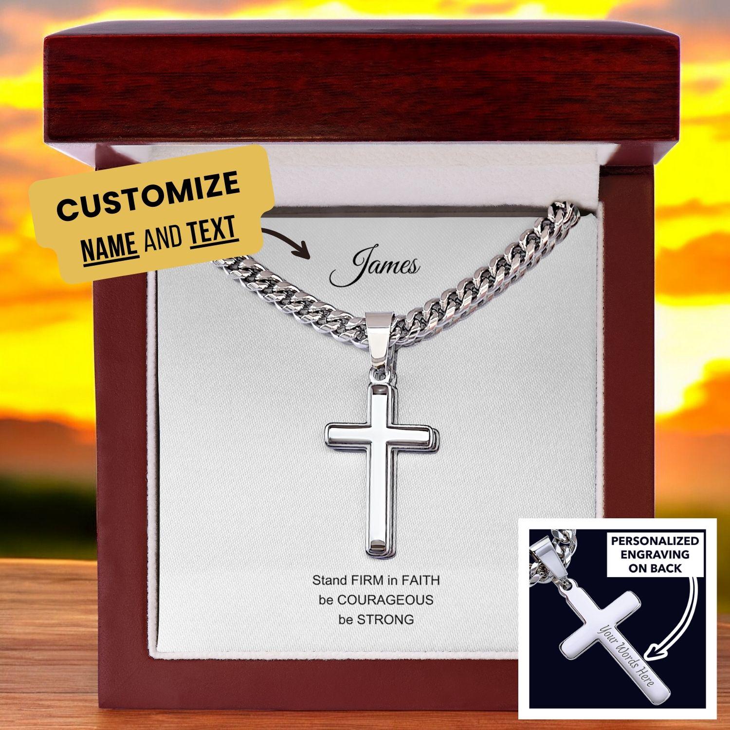 Mens Sterling Silver Cross Necklace with Cuban link Chain and Meaningful Keepsake Card - Ready To Give Gift In Box