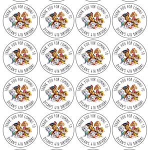 May include: Twenty-four round stickers featuring the characters from the cartoon show Paw Patrol. The stickers are white with black text that reads "Thank you for coming to Dylan's 4th Birthday".