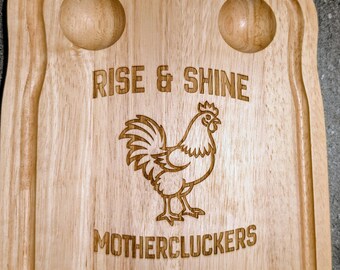 Funny Breakfast Board | Rise & Shine Mothercluckers | So Egg-cited | Personalised Wooden Egg Board
