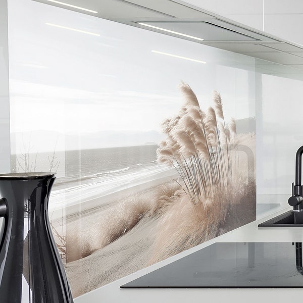 Küchenrückwand Platte Herd Spritzschutz Wand Küche | Acryl Glas 2 mm | Rückwandschutz Glasrückwand Motiv: Meer Düne Pampasgras