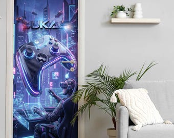Personalisierte Türtapete Gaming Controller Cyberpunk 200 x 90 cm – selbstklebende Türfolie, matt, blickdicht & rückstandslos entfernbar
