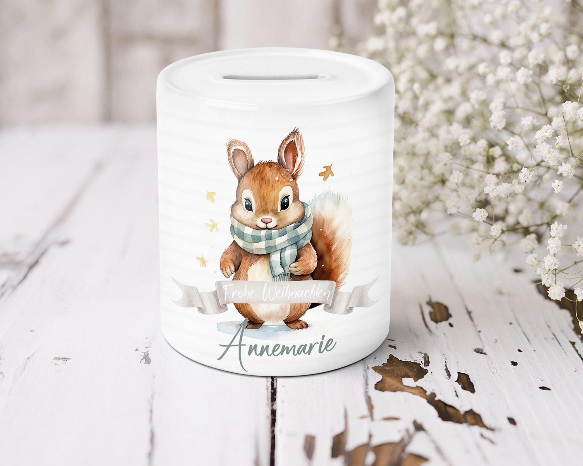 Spardose personalisiert mit Namen | Keramik Sparschwein Geldgeschenk mit Wunschnamen | Kinder Geschenk "Frohe Weihnachten" Mädchen Jungen