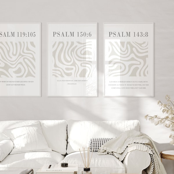 SALT-AND-LIGHT® Christliche Wandbilder Bibelverse Deutsch Poster 3 Stück im 3er Set Wanddeko Wohnzimmer  | Psalmen Beige - ohne Rahmen