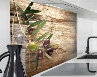 Küchenrückwand Platte Herd Spritzschutz Wand Küche | Acryl Glas 2 mm | Rückwandschutz Glasrückwand Motiv: Oliven altes Holz Olivenzweig