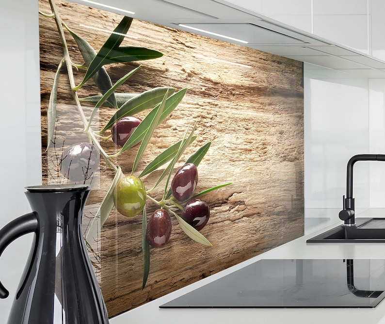 Küchenrückwand Platte Herd Spritzschutz Wand Küche Acryl Glas 2 mm Rückwandschutz Glasrückwand Motiv: Oliven altes Holz Olivenzweig Bild 1