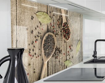 Küchenrückwand Platte Herd Spritzschutz Wand Küche | Acryl Glas 2 mm | Rückwandschutz Glasrückwand Motiv: Altes Holz und Pfeffer