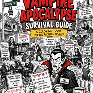 May include: A black and white illustration of a vampire-themed coloring book titled "Vampire Apocalypse Survival Guide." The image features various vampire-related scenes, including a violation notice, a coffee mug, and signs.