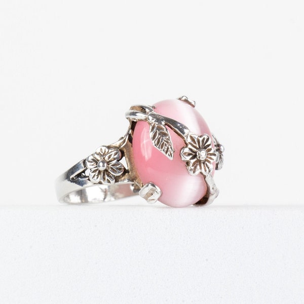 Ring Katzenauge Edelstein Rosa Floral Sterling Silber