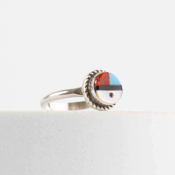 Ring Sterling Silver Sunface Zuni Indian Massive Turquoise Coral Mother of Pearl Jet Gemstone 925