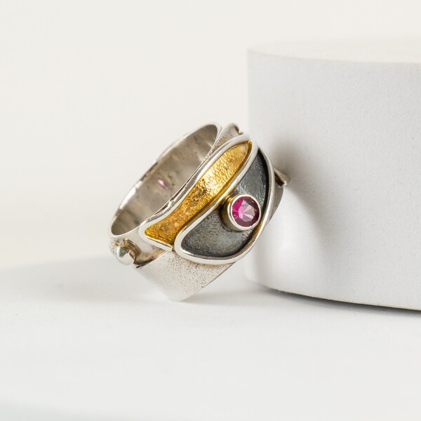 Ring Sterling Silver 14K Gold Tourmaline Modernist