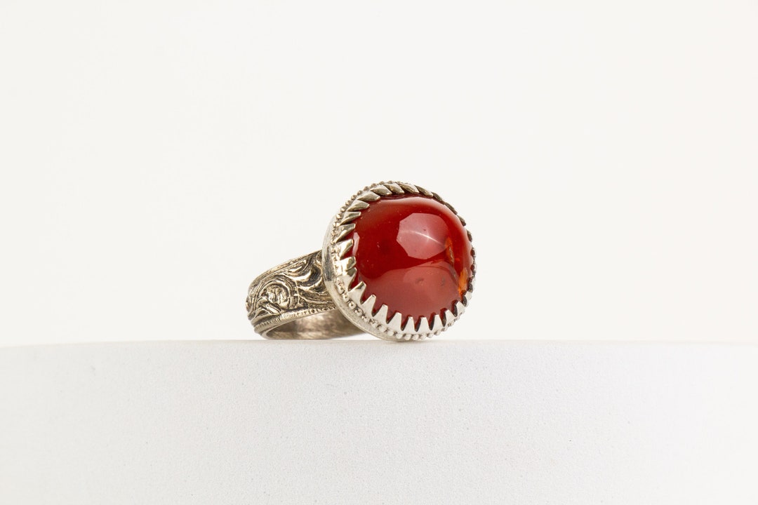 Bague Ancienne Ethnique En Cornaline Rouge - Taille 7.5 - Argent Plaqué, Fait Main Inde