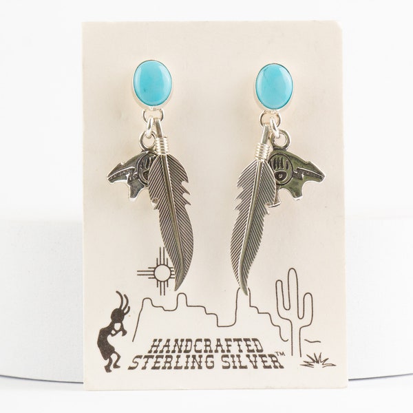 Boucles d’oreilles Q.T. Sterling Silver Navajo Indian Bear Feather Turquoise Gemstone 925