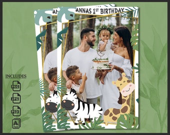 Baby 1st Birthday Photobooth Template 4x6 | Jungle Safari Animal Wild One Theme | Greenery Leaves Photo Booth Frame | Editable PSD, PNG