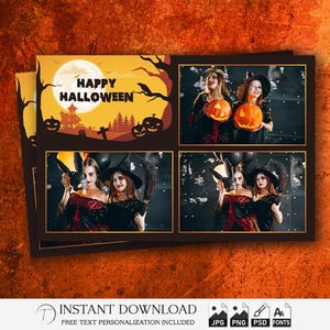 Halloween Photo Booth Template 4x6 | Editable Photobooth Party Strip | Pumpkin Ghost Bat Overlay | Trick or Treat Frame Design | PNG PSD