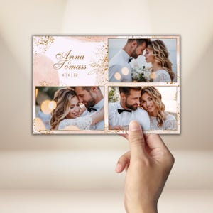 May include: A wedding photo card with four images of a couple. The card has a blush pink and gold design with the names "Anna Tomass" and the date "6|6|22" in elegant script.