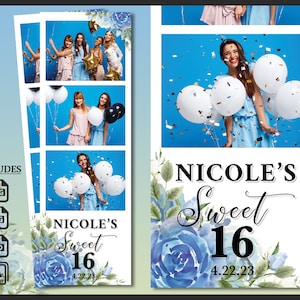 Sweet 16 Photo Booth Template 2x6 | Editable Glam Party Strip PSD | Pink Gold Birthday Overlay | Printable Quinceañera Design | PNG
