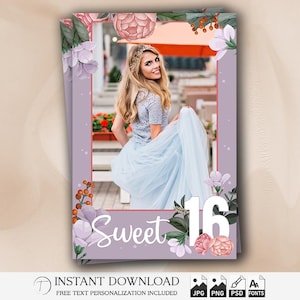 Sweet 16 Photo Booth Template 4x6 | Editable Glam Party Floral Strip | Pink Flowers Birthday Overlay | Printable Quinceañera Design, PNG PSD
