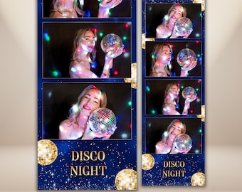 Disco Photo Booth Strip Template, Disco Night Photobooth 2x6, Editable Navy Gold Party Print, Disco Ball Photo Overlay