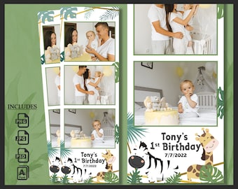 Baby 1st Birthday Photobooth Template 2x6 | Jungle Safari Animal Wild One Theme | Greenery Leaves Photo Booth Frame | Editable PSD Strip