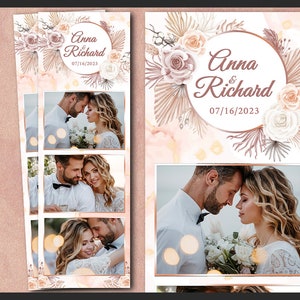 Modèle de cabine photo de mariage, cadre floral bohème Photobooth, shower de bébé, arrière-plan 2 x 6, bande moderne, superposition modifiable, psd