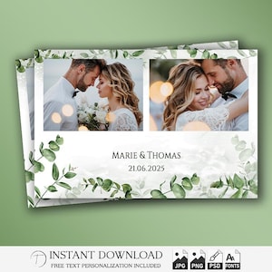 May include: Wedding invitation featuring two photos of a couple, with eucalyptus greenery and the names "Marie & Thomas" and the date "21.06.2025". The design includes a watercolor background and the words "INSTANT DOWNLOAD".