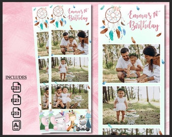 Baby 1st Birthday Photobooth Template 2x6 | Jungle Safari Animal Wild One Theme | Greenery Leaves Photo Booth Frame | Editable PSD Strip