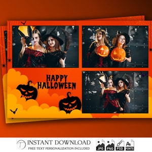 Modèle de photomaton Halloween 4 x 6 | Photobooth éditable PSD Party Strip | Superposition de chauve-souris fantôme citrouille | Des bonbons ou un sort pour un cadre | PNG