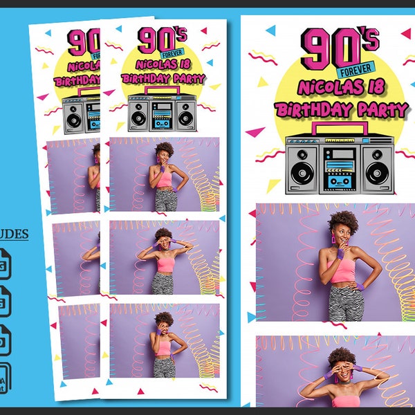 90s Booth Template, Photobooth 1990s Birthday Frame, 2x6 Background, Modern, colorful, theme party, kids 1990 Strip, Editable Overlay, psd