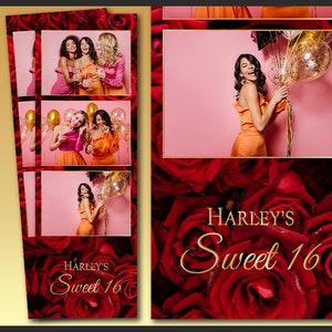 Sweet 16 Photo Booth Template 2x6 | Editable Glam Party Strip PSD | Pink Gold Birthday Overlay | Printable Quinceañera Design | PNG