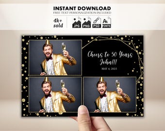 Black and Gold Birthday Photo Booth Template, Elegant Party, Glitter Confetti, Instant Download, 4x6 Photobooth Design, PSD PNG Files