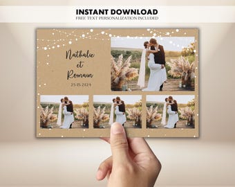 Rustic Wedding Photo Booth Template, Kraft Fairy Lights Photobooth 4x6, Editable Boho Photo Strip, Country Wedding Print