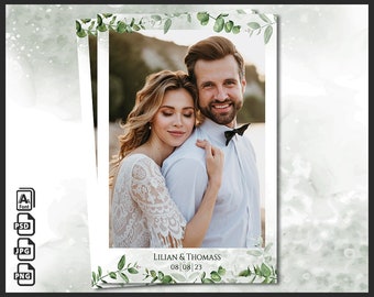 Modèle de photomaton de mariage, Eucalyptus Photobooth Boho cadre de verdure, douche nuptiale, fond 4 x 6, bande moderne, superposition modifiable, psd