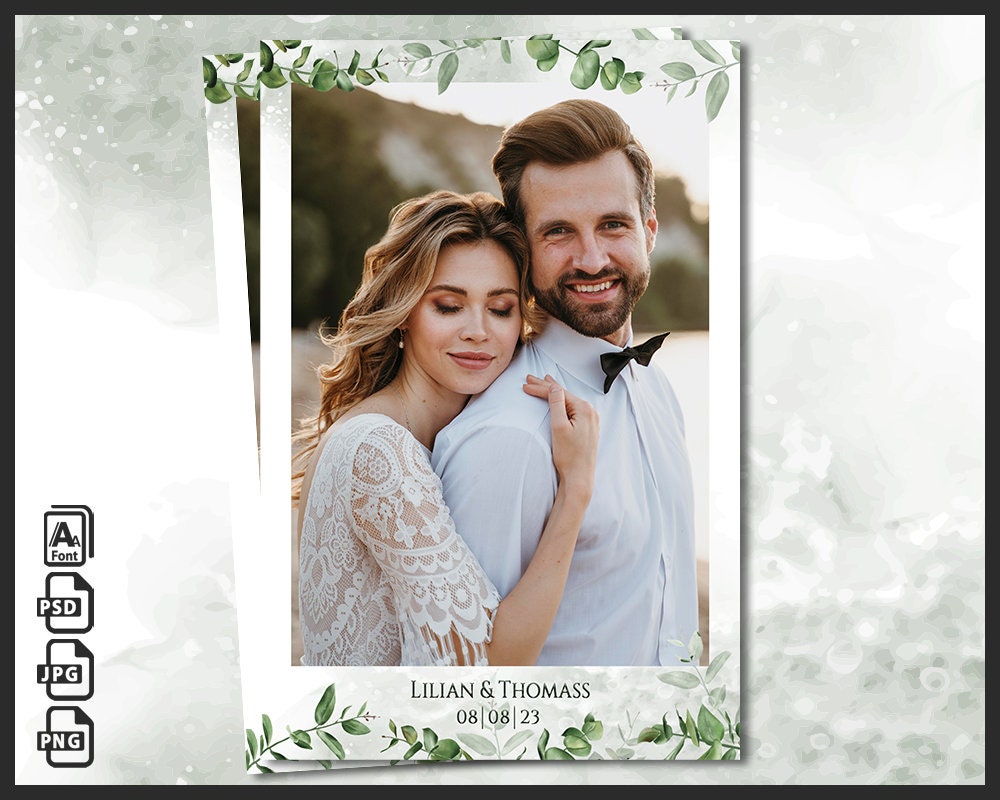 de modèle de cabine photo de mariage 4 x 6 | Cadre botanique bohème verdure Eucalyptus | Superposition de photomaton de mariage vert rustique modifiable | PSD, PNG
