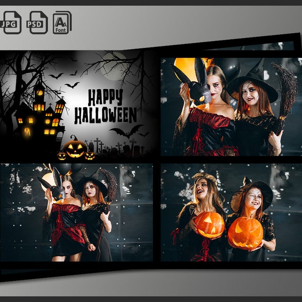 Halloween Photo Booth Template, Hallowe'en Party, 4x6 Background, Modern Dark Pumpkin Strip, All Hallows' Eve Editable Overlay, psd, png