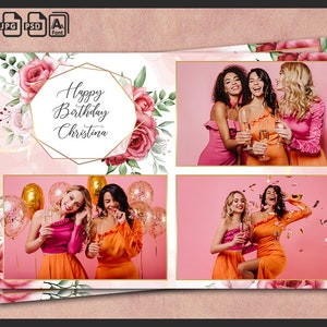 Birthday Photo Booth Template 4x6 | Elegant Floral Pink Design with Roses for Photobooth Events | Template PNG PSD Files Included