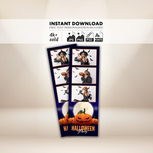 Halloween-Fotostand-Vorlage 2x6 | Bearbeitbarer Photobooth Party Streifen PSD | Gruselige Kürbis Mond Overlay | Süßes sonst gibts Saures Rahmendesign | PNG